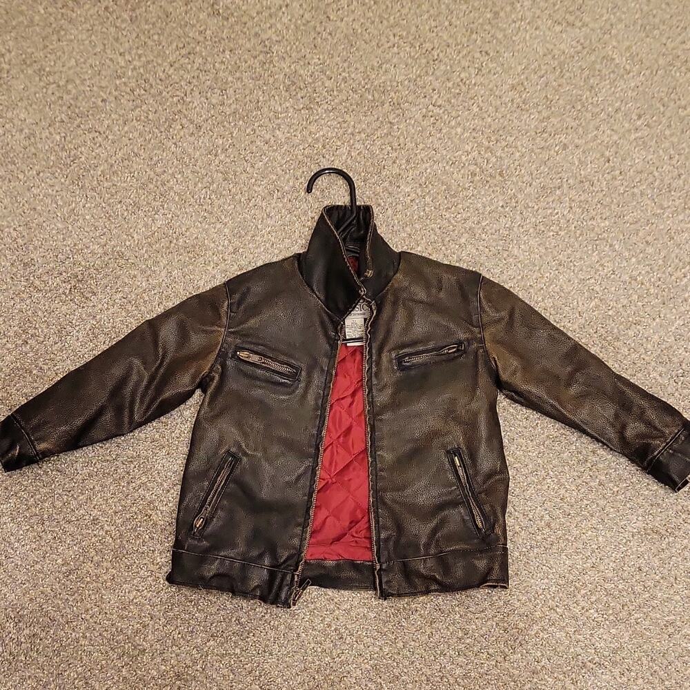 New York Classics Boys Brown Faux Leather Bomber Jacket 3T Lined Zipped Pockets